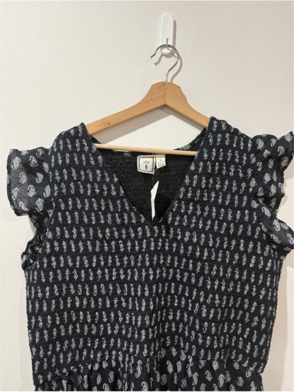 LÉA Smocked Midi Dress 2X Black White Print NWT Ruffle Sleeve Boho - Picture 10 of 10